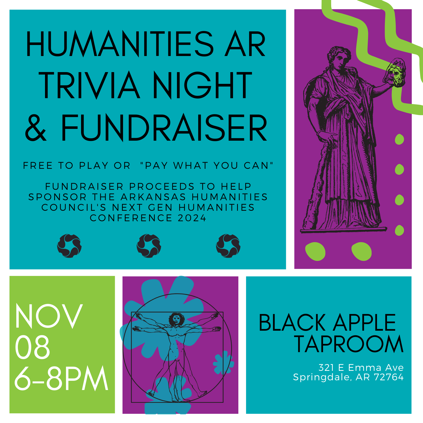 Humanities AR trivia night and fundraiser; free to play or pay what you can; Nov 08, 6-8pm, Black Apple Taproom; proceeds help sponsor the Next Gen Humanities Conference.